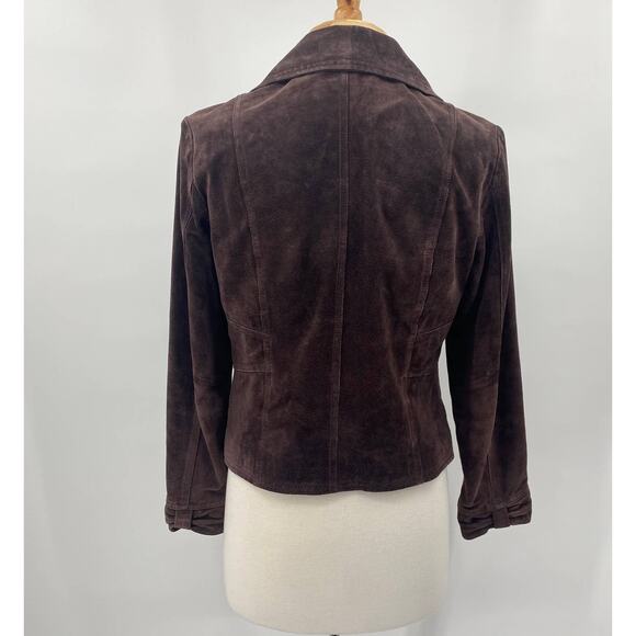 Y2K Suede Leather Jacket Floral Embroidery Front Button Down Brown Womens Medium - Picture 9 of 12